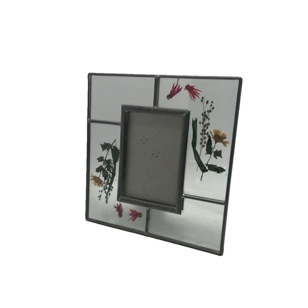 Vintage Glass 6x6 Square Photo Frame With Dried Flower Inlay 4x3 Photo
